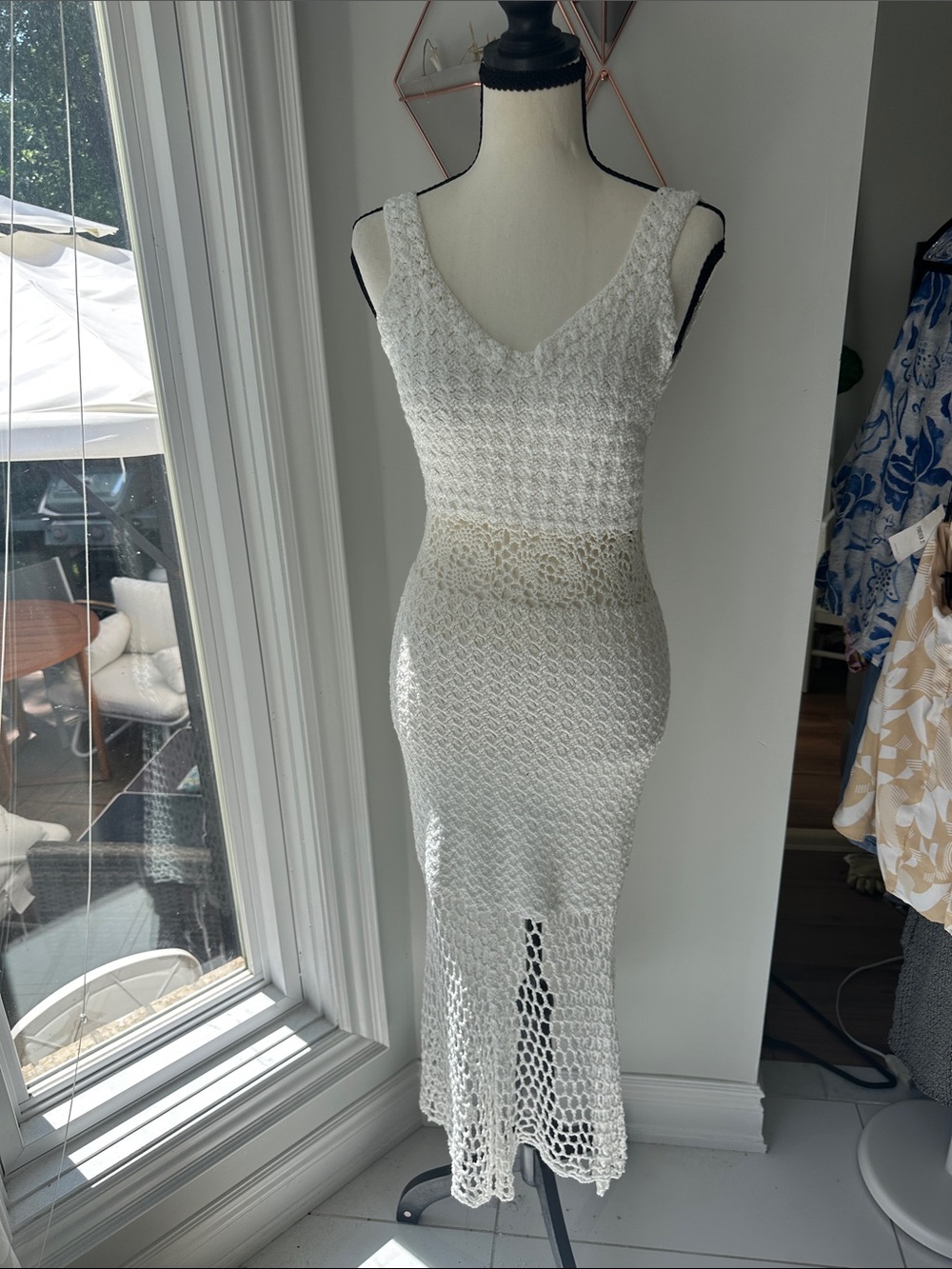 Handmade White Crochet Maxi Dress Mermaid Beach Coverup Swim Size Small Medium
